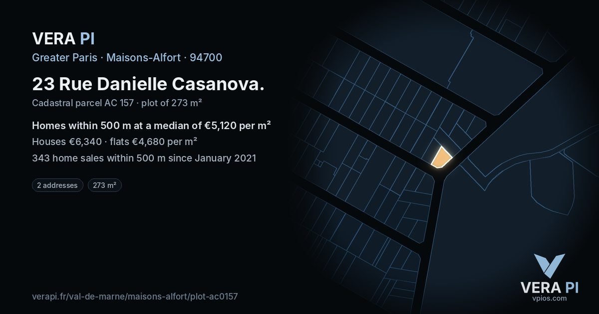23 Rue Danielle Casanova, Maisons-Alfort at night – the plot lit, the parcels around coloured by the prices near them