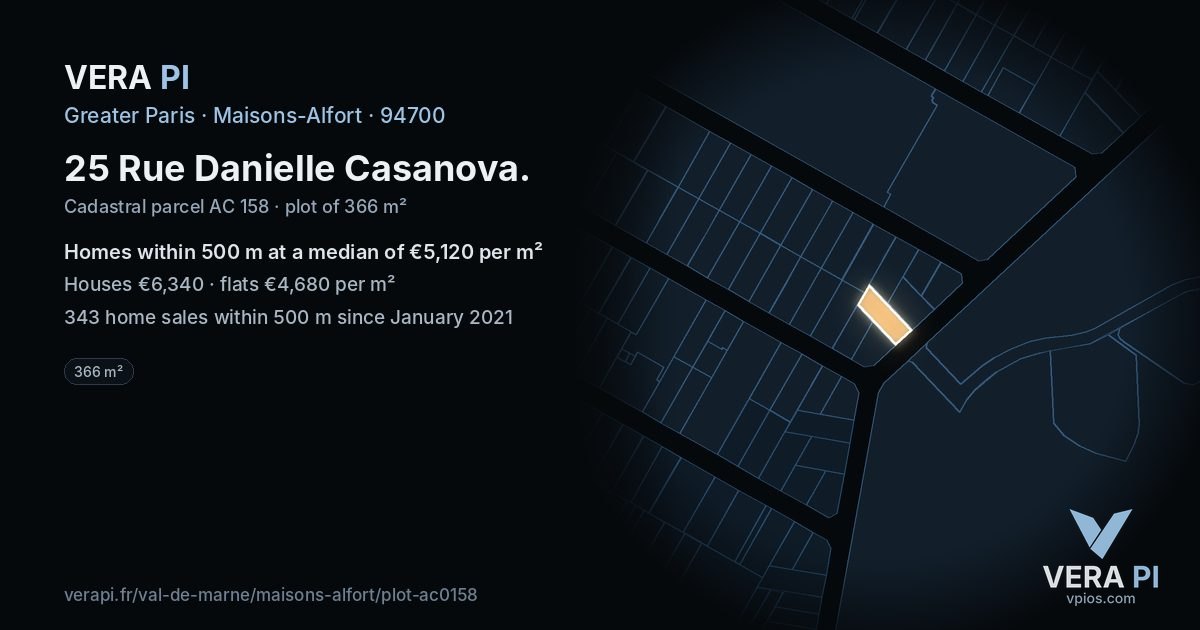 25 Rue Danielle Casanova, Maisons-Alfort at night – the plot lit, the parcels around coloured by the prices near them
