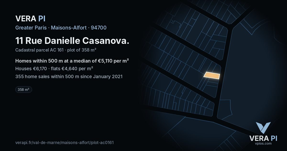 11 Rue Danielle Casanova, Maisons-Alfort at night – the plot lit, the parcels around coloured by the prices near them