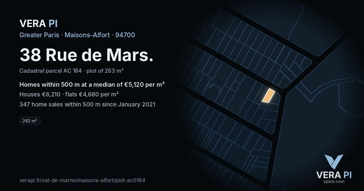 38 Rue de Mars, Maisons-Alfort at night – the plot lit, the parcels around coloured by the prices near them