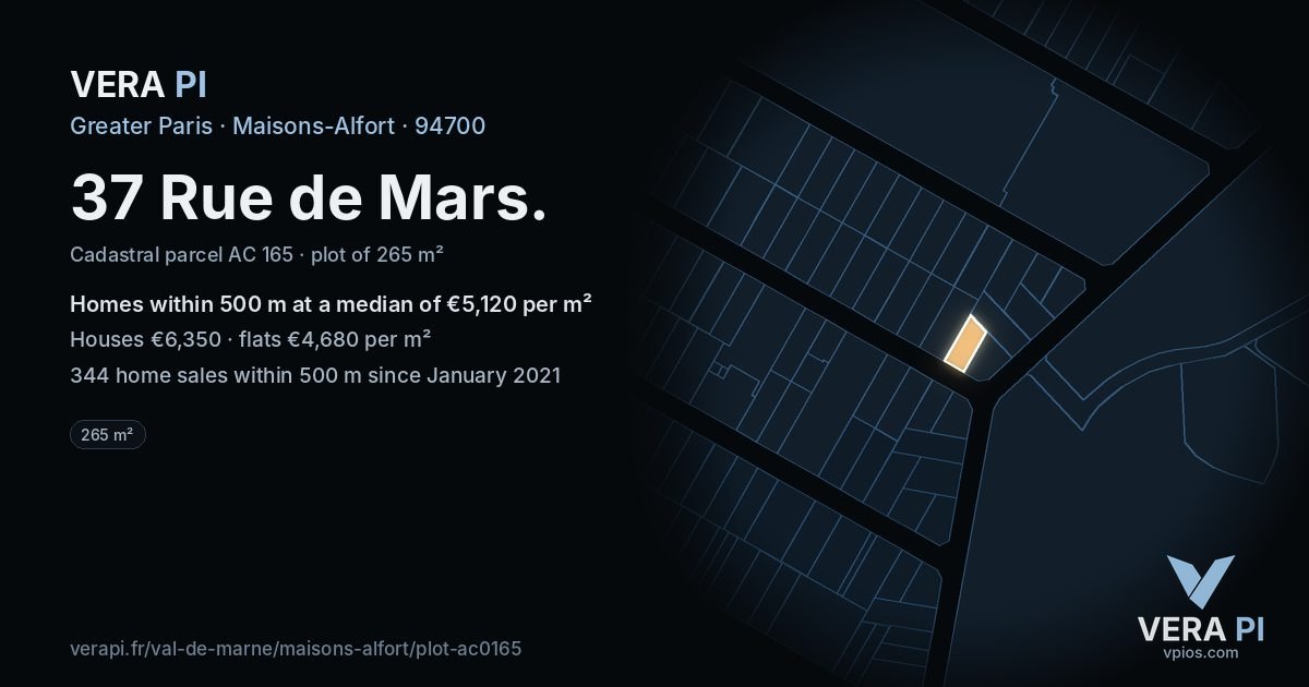 37 Rue de Mars, Maisons-Alfort at night – the plot lit, the parcels around coloured by the prices near them