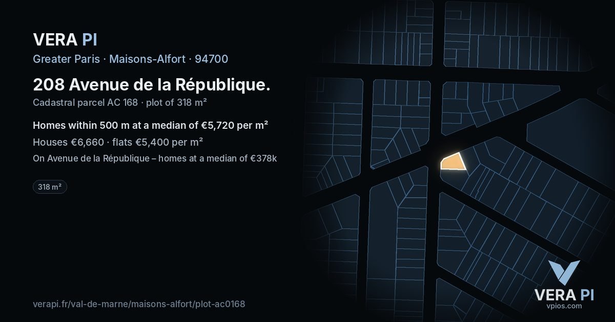 208 Avenue de la République, Maisons-Alfort at night – the plot lit, the parcels around coloured by the prices near them