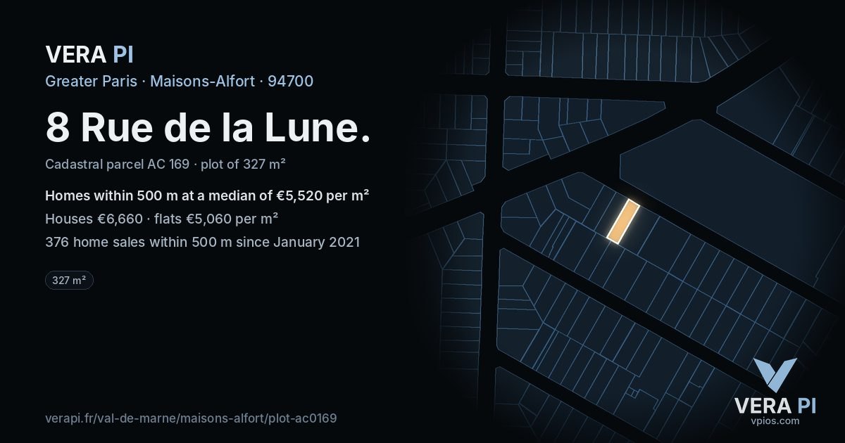 8 Rue de la Lune, Maisons-Alfort at night – the plot lit, the parcels around coloured by the prices near them