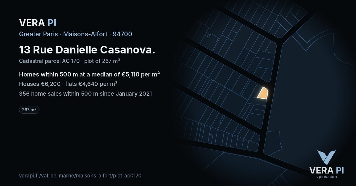 13 Rue Danielle Casanova, Maisons-Alfort at night – the plot lit, the parcels around coloured by the prices near them