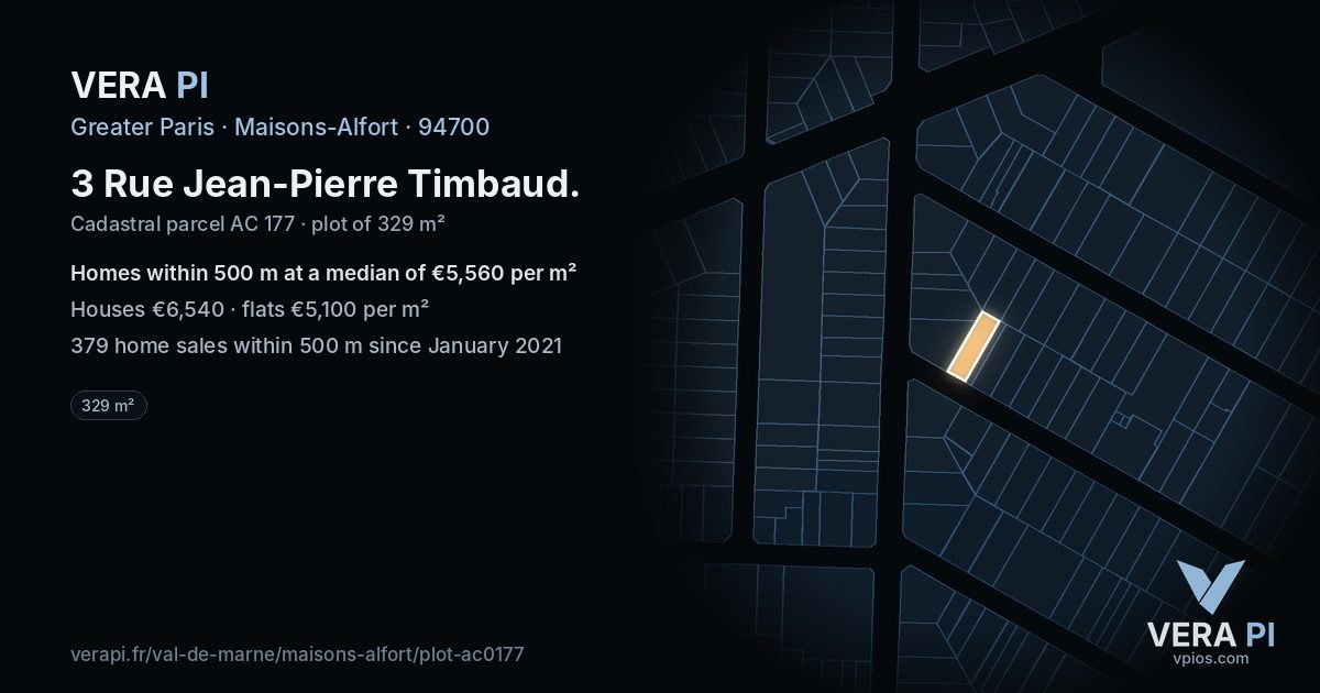 3 Rue Jean-Pierre Timbaud, Maisons-Alfort at night – the plot lit, the parcels around coloured by the prices near them