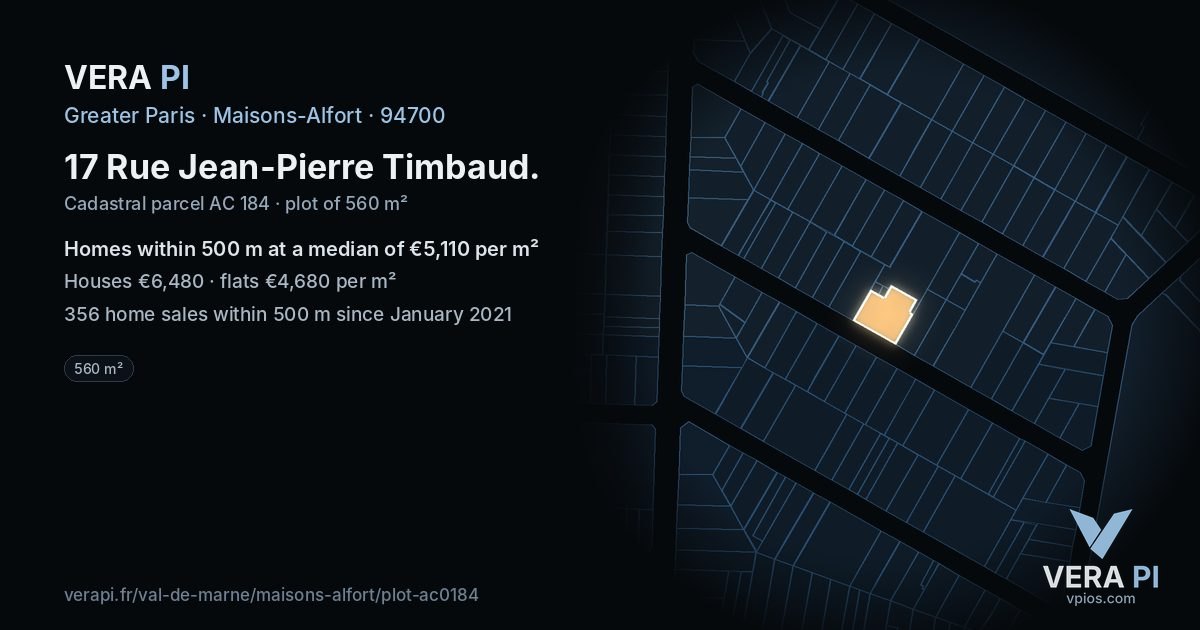 17 Rue Jean-Pierre Timbaud, Maisons-Alfort at night – the plot lit, the parcels around coloured by the prices near them