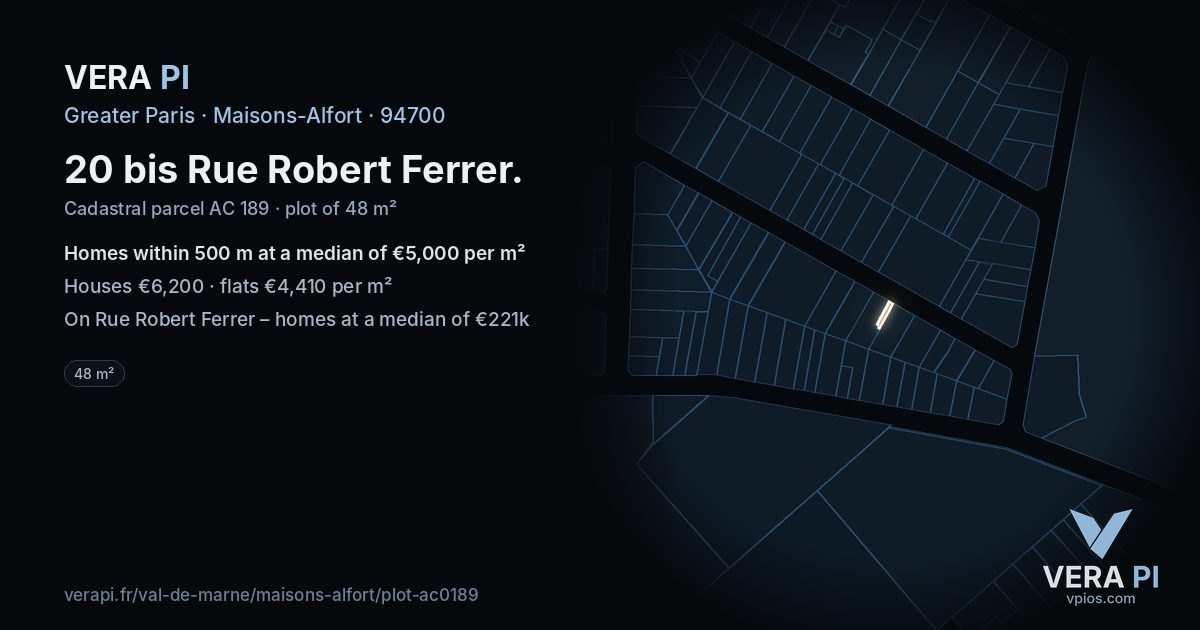 20 bis Rue Robert Ferrer, Maisons-Alfort at night – the plot lit, the parcels around coloured by the prices near them