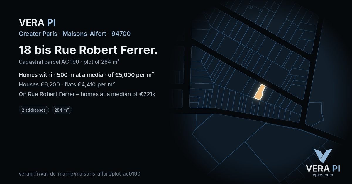 18 bis Rue Robert Ferrer, Maisons-Alfort at night – the plot lit, the parcels around coloured by the prices near them