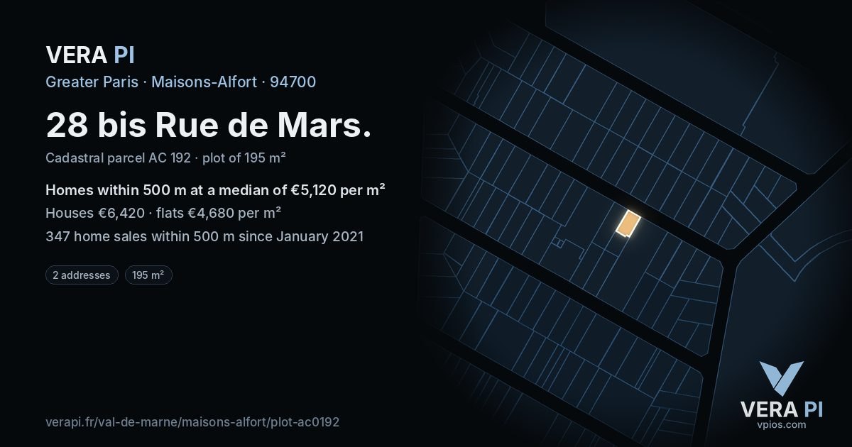 28 bis Rue de Mars, Maisons-Alfort at night – the plot lit, the parcels around coloured by the prices near them