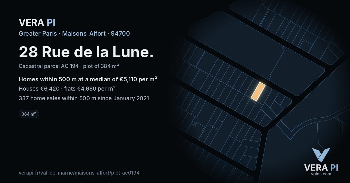 28 Rue de la Lune, Maisons-Alfort at night – the plot lit, the parcels around coloured by the prices near them