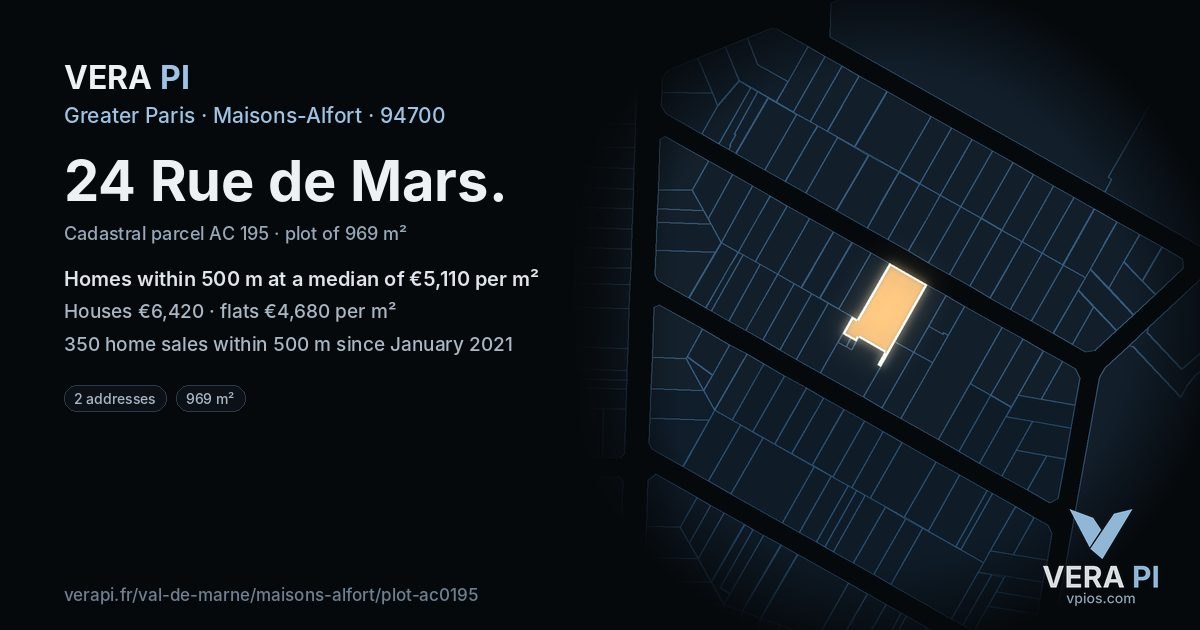 24 Rue de Mars, Maisons-Alfort at night – the plot lit, the parcels around coloured by the prices near them