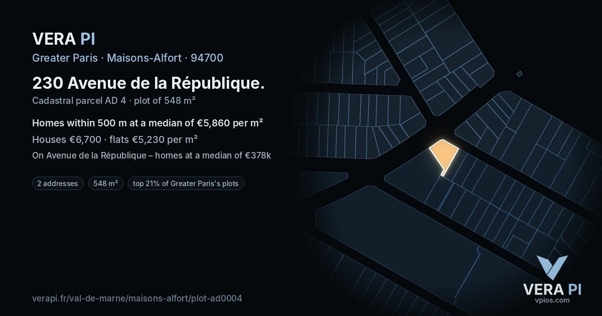230 Avenue de la République, Maisons-Alfort at night – the plot lit, the parcels around coloured by the prices near them