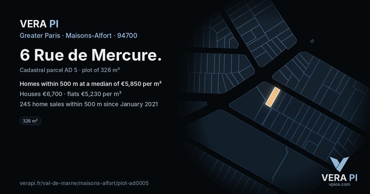 6 Rue de Mercure, Maisons-Alfort at night – the plot lit, the parcels around coloured by the prices near them