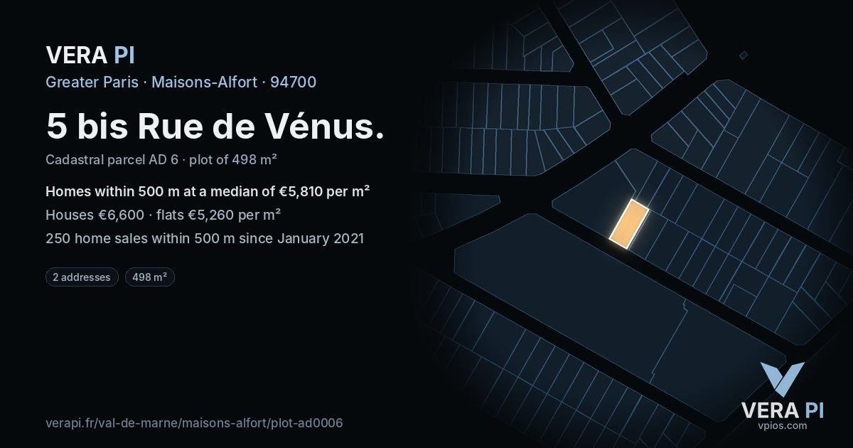 5 bis Rue de Vénus, Maisons-Alfort at night – the plot lit, the parcels around coloured by the prices near them