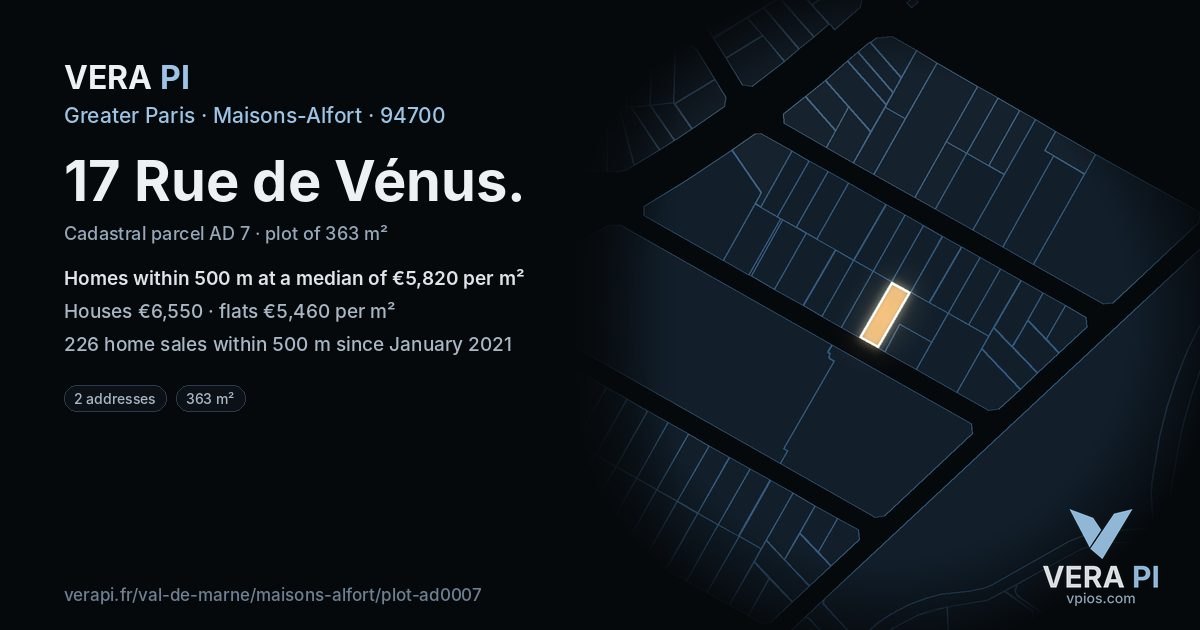 17 Rue de Vénus, Maisons-Alfort at night – the plot lit, the parcels around coloured by the prices near them
