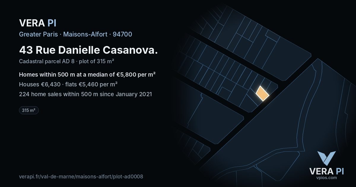 43 Rue Danielle Casanova, Maisons-Alfort at night – the plot lit, the parcels around coloured by the prices near them