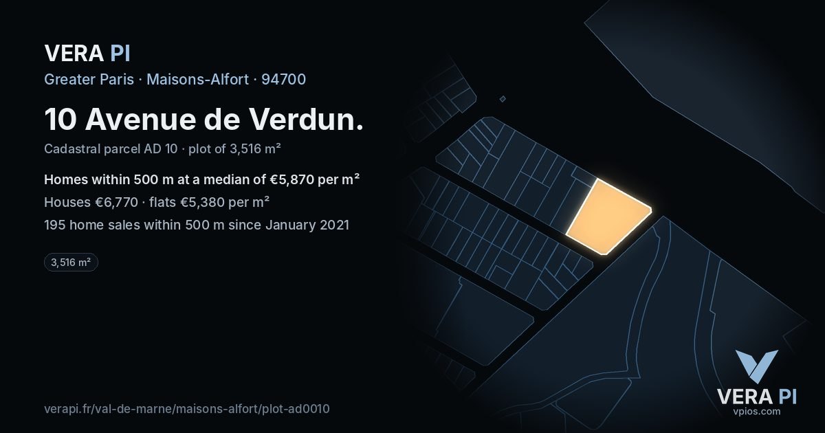 10 Avenue de Verdun, Maisons-Alfort at night – the plot lit, the parcels around coloured by the prices near them