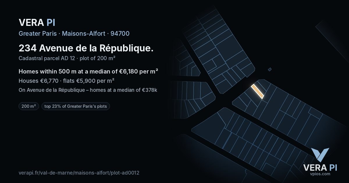 234 Avenue de la République, Maisons-Alfort at night – the plot lit, the parcels around coloured by the prices near them