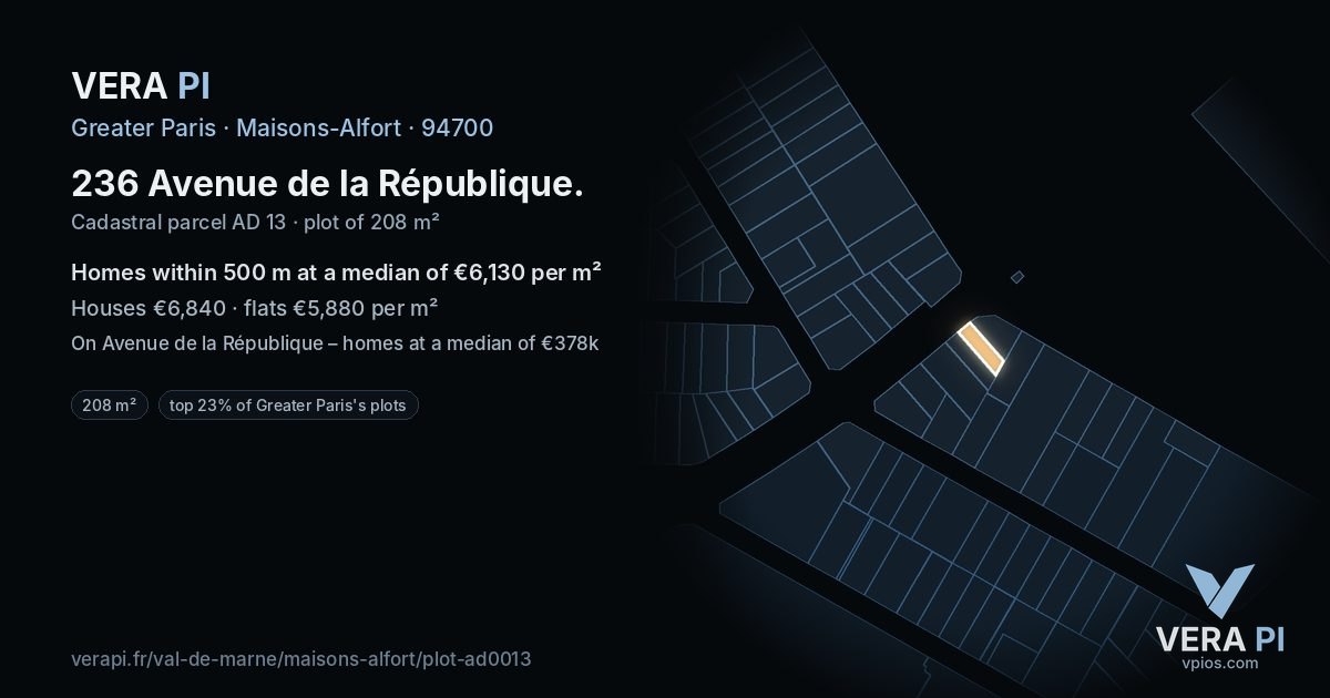 236 Avenue de la République, Maisons-Alfort at night – the plot lit, the parcels around coloured by the prices near them