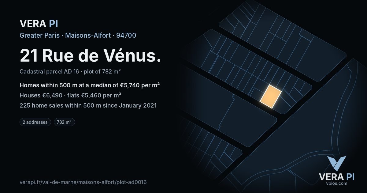 21 Rue de Vénus, Maisons-Alfort at night – the plot lit, the parcels around coloured by the prices near them