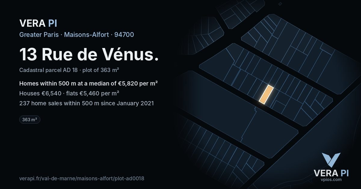 13 Rue de Vénus, Maisons-Alfort at night – the plot lit, the parcels around coloured by the prices near them