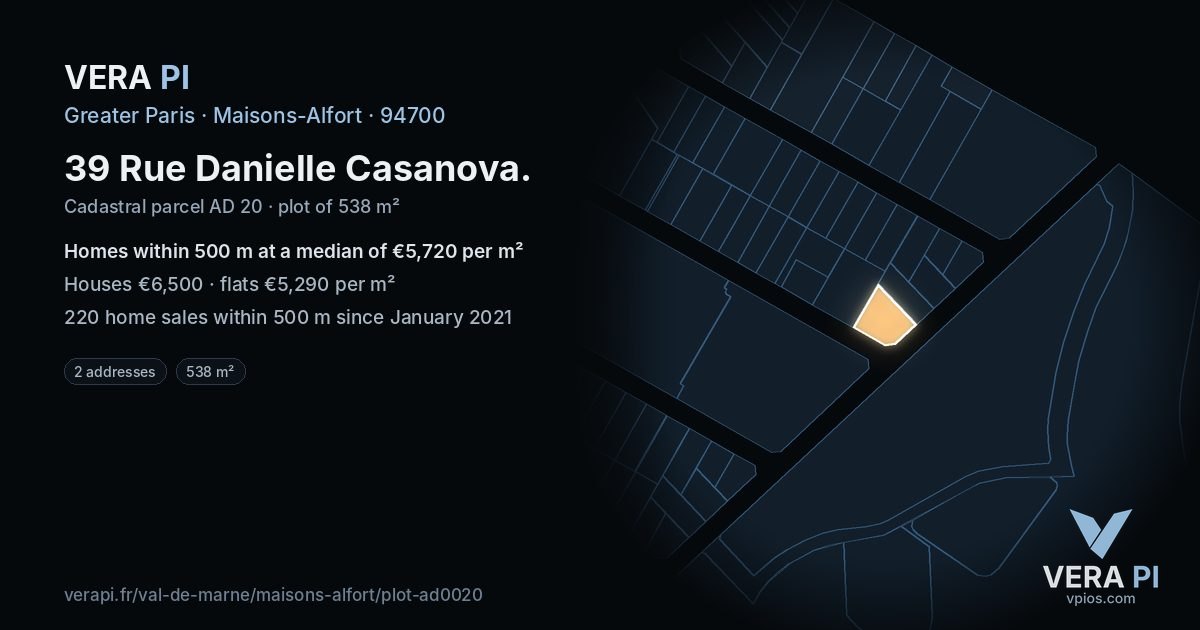 39 Rue Danielle Casanova, Maisons-Alfort at night – the plot lit, the parcels around coloured by the prices near them