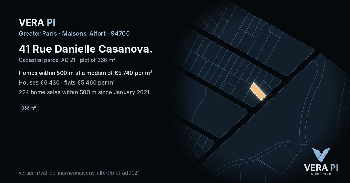 41 Rue Danielle Casanova, Maisons-Alfort at night – the plot lit, the parcels around coloured by the prices near them
