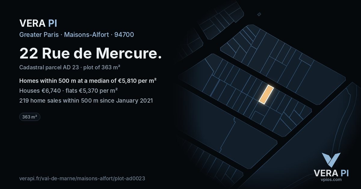22 Rue de Mercure, Maisons-Alfort at night – the plot lit, the parcels around coloured by the prices near them