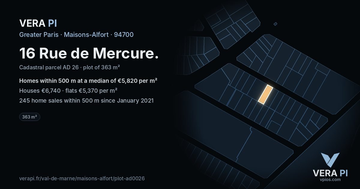 16 Rue de Mercure, Maisons-Alfort at night – the plot lit, the parcels around coloured by the prices near them