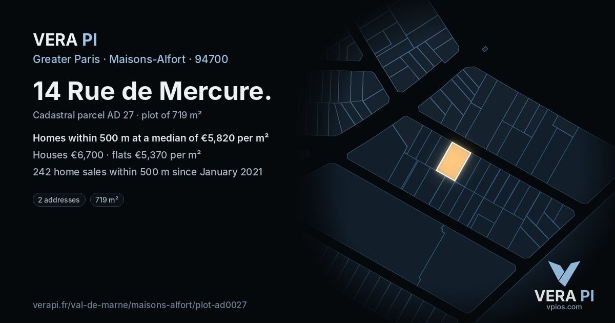 14 Rue de Mercure, Maisons-Alfort at night – the plot lit, the parcels around coloured by the prices near them