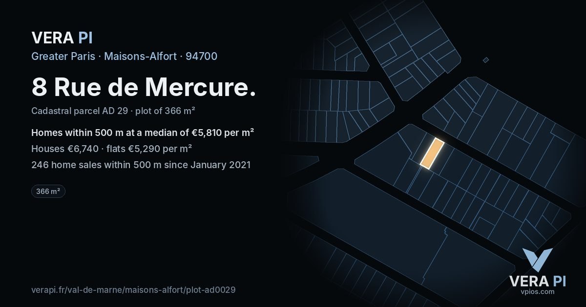 8 Rue de Mercure, Maisons-Alfort at night – the plot lit, the parcels around coloured by the prices near them