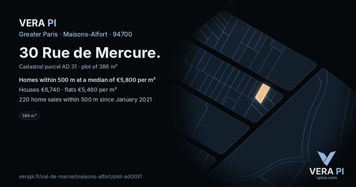 30 Rue de Mercure, Maisons-Alfort at night – the plot lit, the parcels around coloured by the prices near them