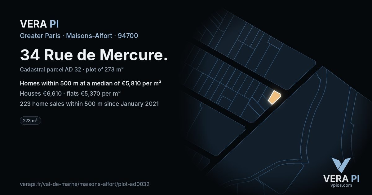 34 Rue de Mercure, Maisons-Alfort at night – the plot lit, the parcels around coloured by the prices near them