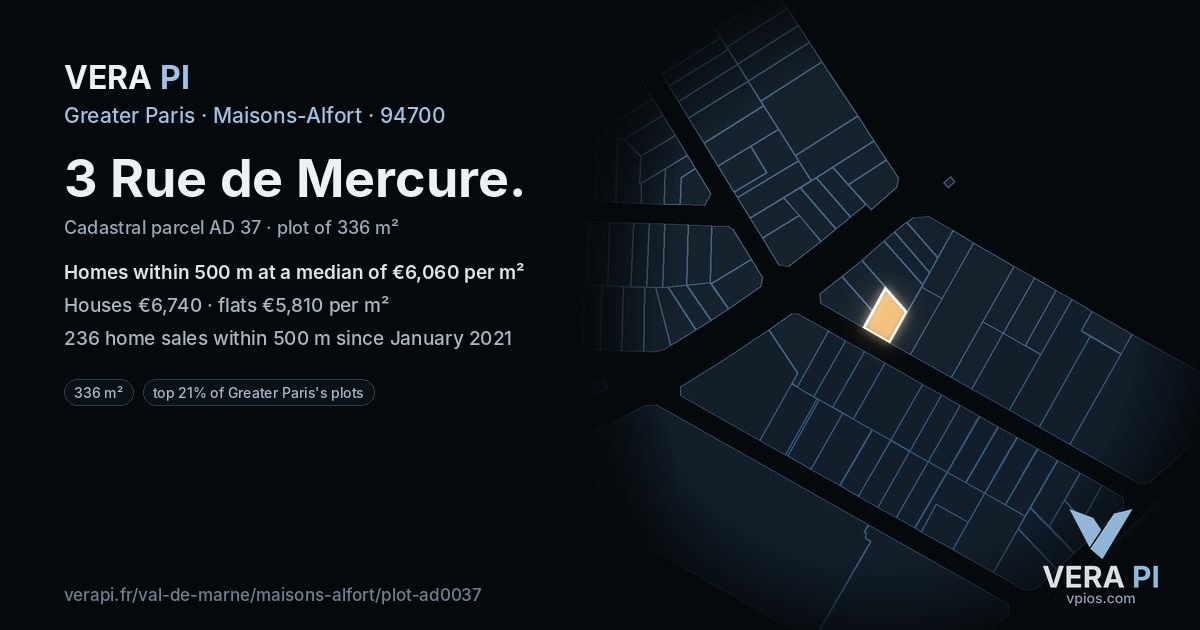 3 Rue de Mercure, Maisons-Alfort at night – the plot lit, the parcels around coloured by the prices near them