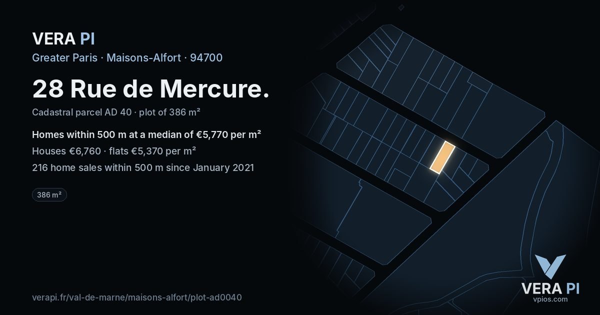 28 Rue de Mercure, Maisons-Alfort at night – the plot lit, the parcels around coloured by the prices near them