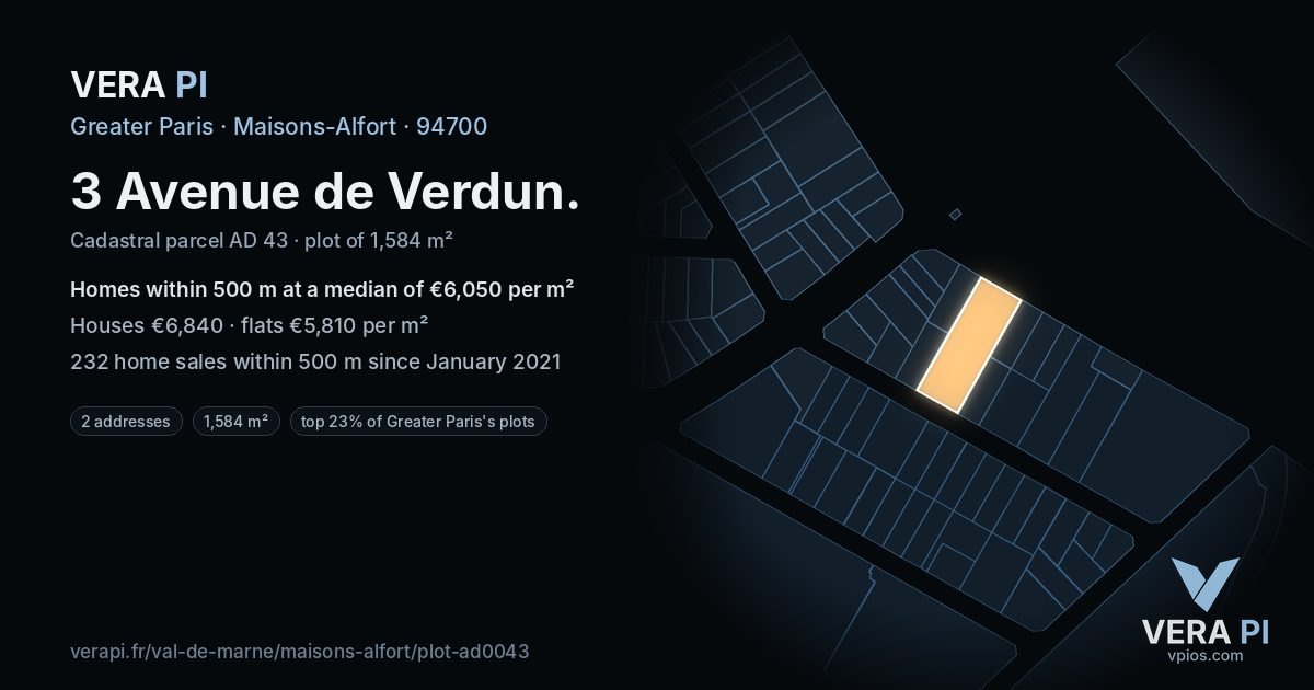 3 Avenue de Verdun, Maisons-Alfort at night – the plot lit, the parcels around coloured by the prices near them