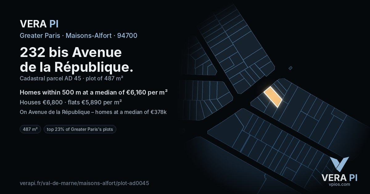 232 bis Avenue de la République, Maisons-Alfort at night – the plot lit, the parcels around coloured by the prices near them