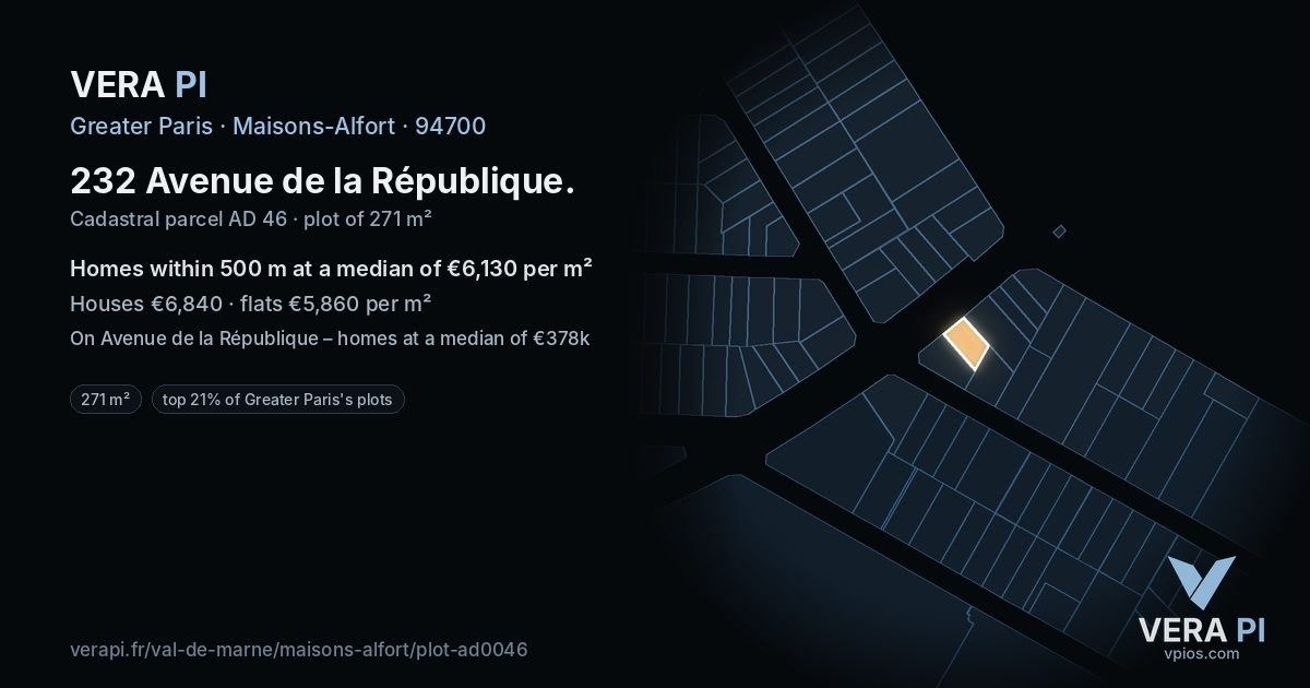 232 Avenue de la République, Maisons-Alfort at night – the plot lit, the parcels around coloured by the prices near them