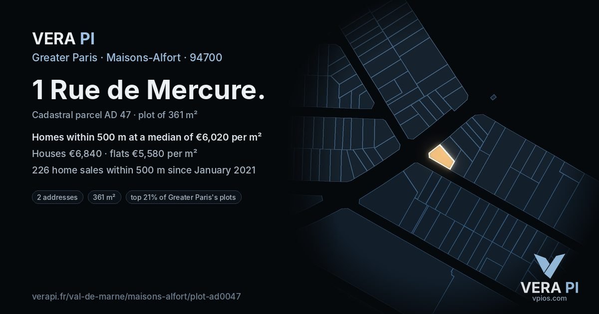 1 Rue de Mercure, Maisons-Alfort at night – the plot lit, the parcels around coloured by the prices near them
