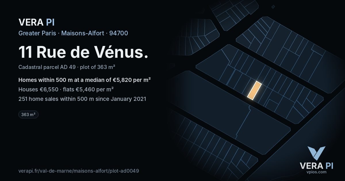 11 Rue de Vénus, Maisons-Alfort at night – the plot lit, the parcels around coloured by the prices near them
