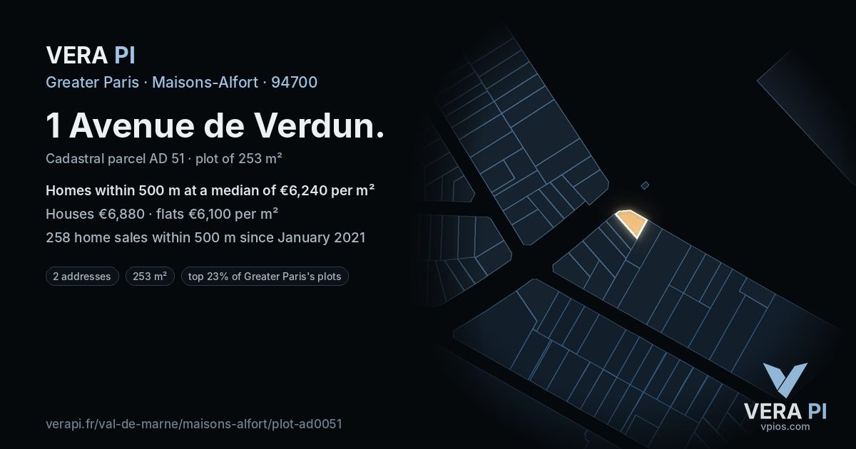 1 Avenue de Verdun, Maisons-Alfort at night – the plot lit, the parcels around coloured by the prices near them