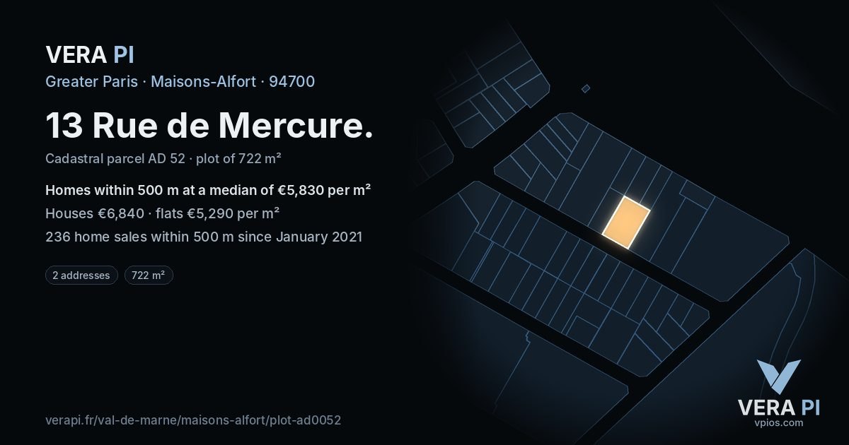 13 Rue de Mercure, Maisons-Alfort at night – the plot lit, the parcels around coloured by the prices near them