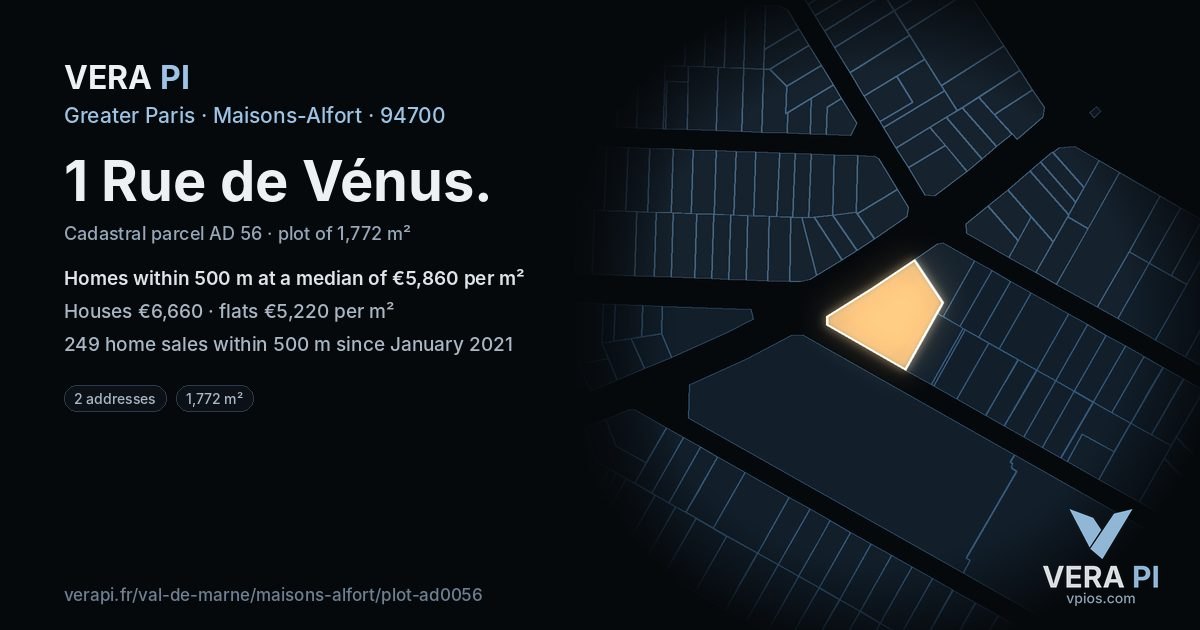 1 Rue de Vénus, Maisons-Alfort at night – the plot lit, the parcels around coloured by the prices near them
