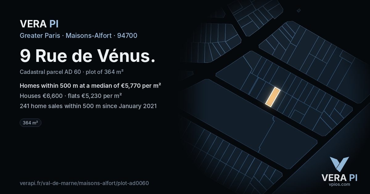 9 Rue de Vénus, Maisons-Alfort at night – the plot lit, the parcels around coloured by the prices near them