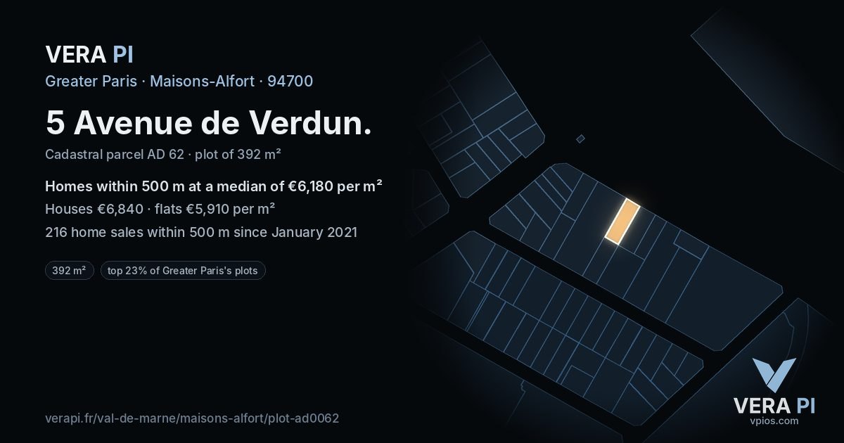 5 Avenue de Verdun, Maisons-Alfort at night – the plot lit, the parcels around coloured by the prices near them