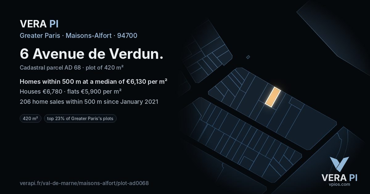 6 Avenue de Verdun, Maisons-Alfort at night – the plot lit, the parcels around coloured by the prices near them
