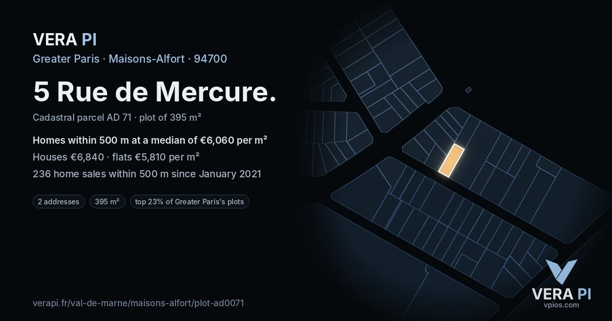 5 Rue de Mercure, Maisons-Alfort at night – the plot lit, the parcels around coloured by the prices near them