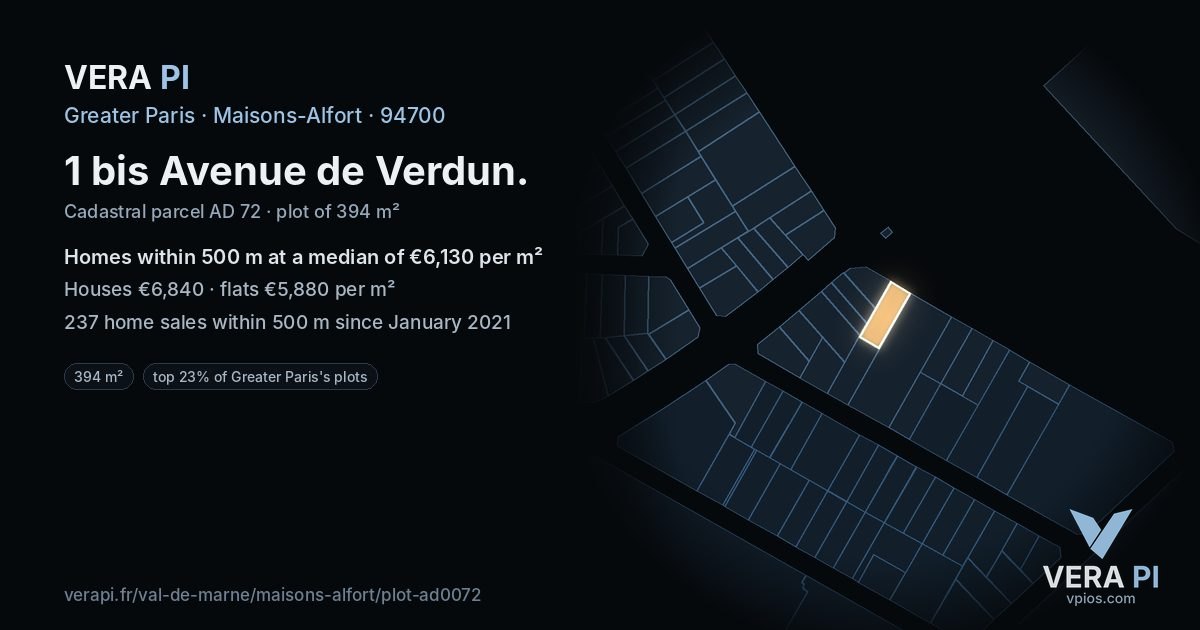 1 bis Avenue de Verdun, Maisons-Alfort at night – the plot lit, the parcels around coloured by the prices near them