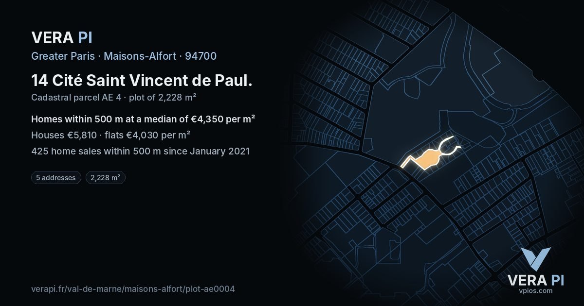 14 Cité Saint Vincent de Paul, Maisons-Alfort at night – the plot lit, the parcels around coloured by the prices near them