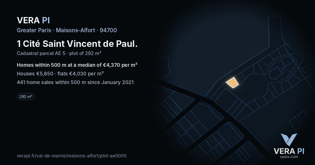 1 Cité Saint Vincent de Paul, Maisons-Alfort at night – the plot lit, the parcels around coloured by the prices near them